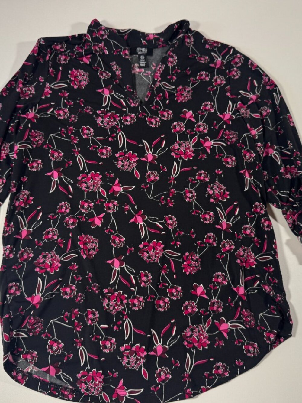 Jones New York Signature Floral Roll Tab Blouse Pink Black Stretch Top XL - Picture 2 of 12